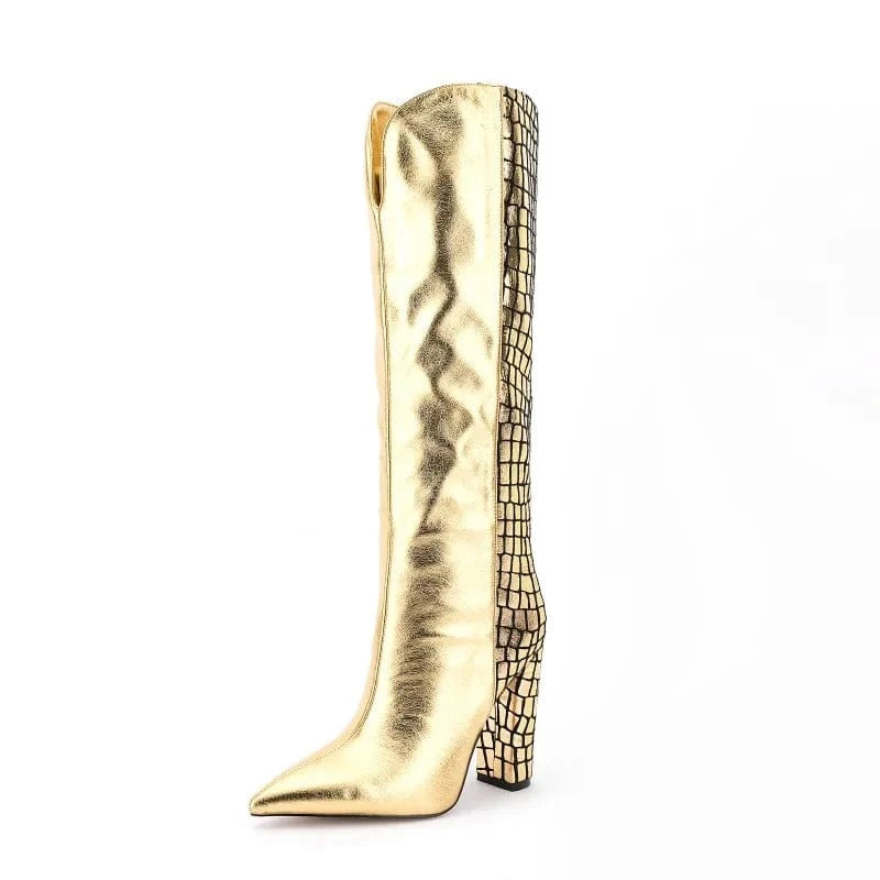 Bottes Femme Lady Autumn Winter Shoes Plus Size Pointy Toe Chunky Heel Stylish Long Boots Women Gold Multicolor Knee High Boots