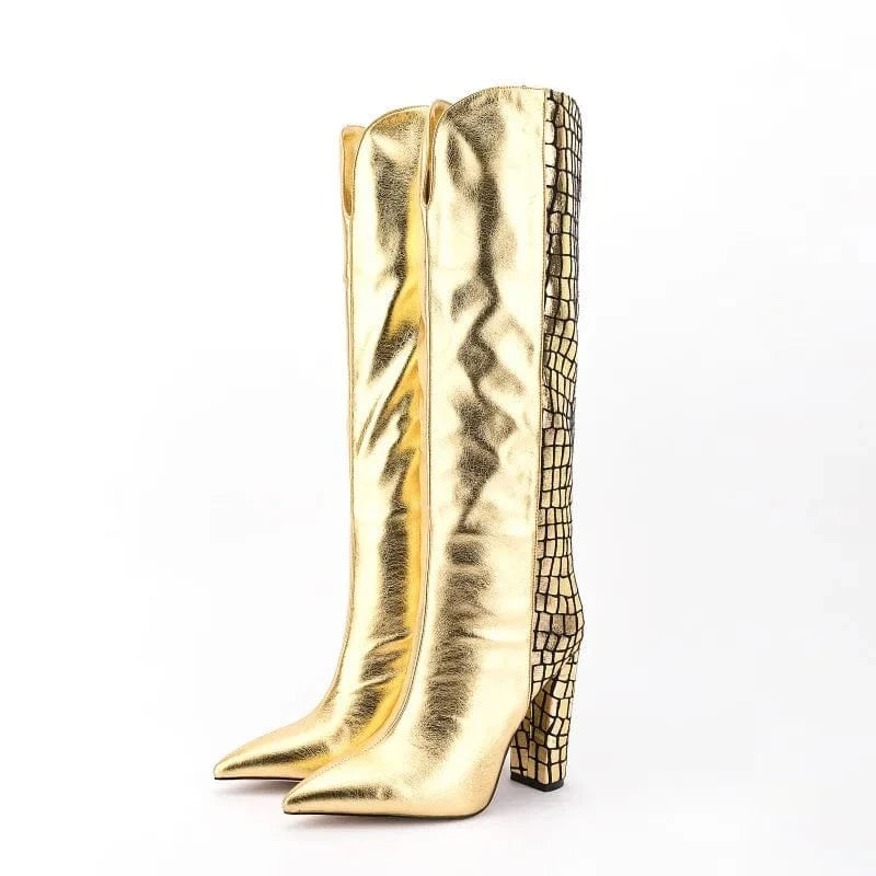 Bottes Femme Lady Autumn Winter Shoes Plus Size Pointy Toe Chunky Heel Stylish Long Boots Women Gold Multicolor Knee High Boots