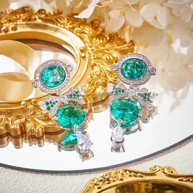 bow / Platinum Fashion retro high-end jewelry, emerald long exaggerated sexy tassel bow women's earrings