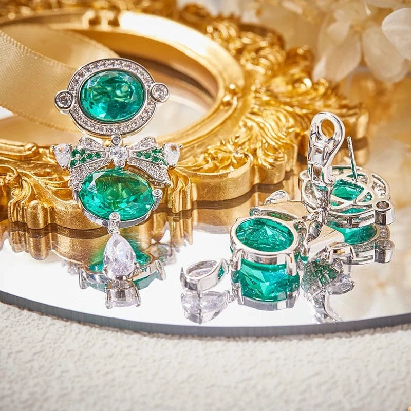 bow / Platinum Fashion retro high-end jewelry, emerald long exaggerated sexy tassel bow women's earrings