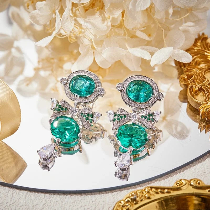 bow / Platinum Fashion retro high-end jewelry, emerald long exaggerated sexy tassel bow women's earrings