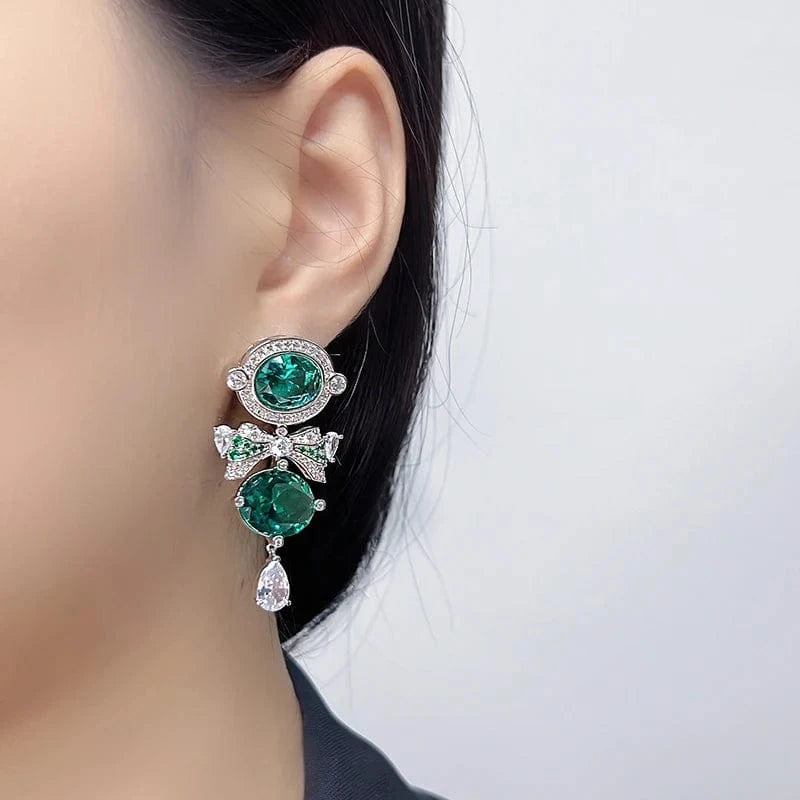 bow / Platinum Fashion retro high-end jewelry, emerald long exaggerated sexy tassel bow women's earrings