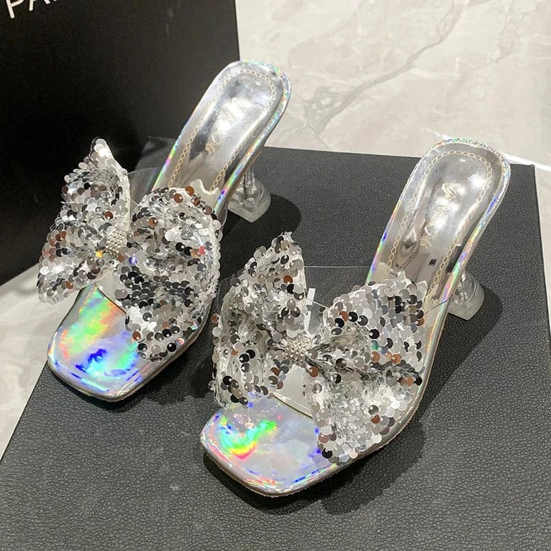 Bowknot Dressy Heels Sandals Butterfly Floral Flower Square Toe Trendy Colorful Summer Sandals Heels for Women Summer