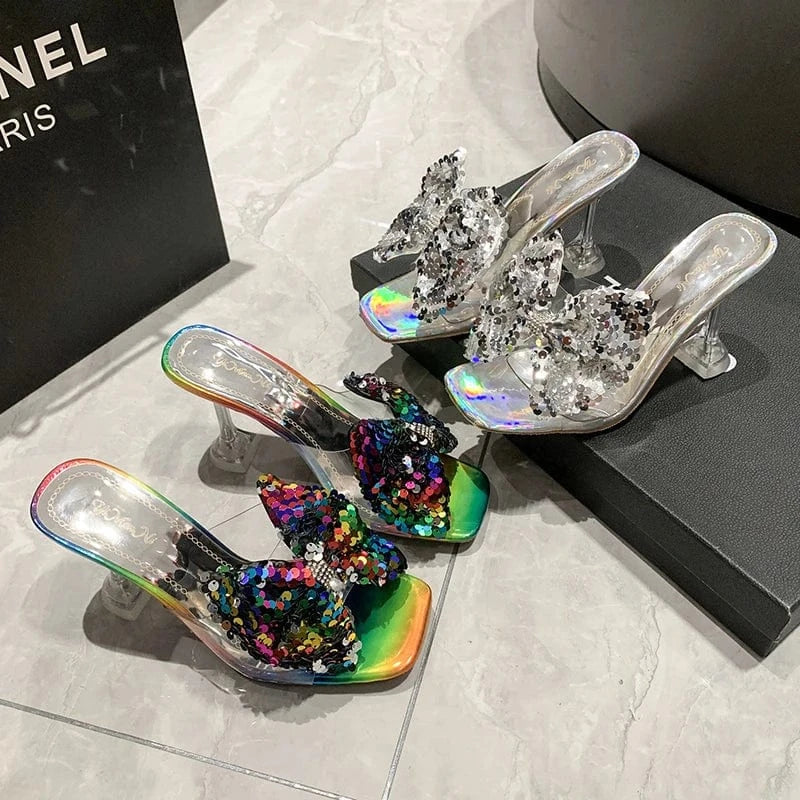 Bowknot Dressy Heels Sandals Butterfly Floral Flower Square Toe Trendy Colorful Summer Sandals Heels for Women Summer