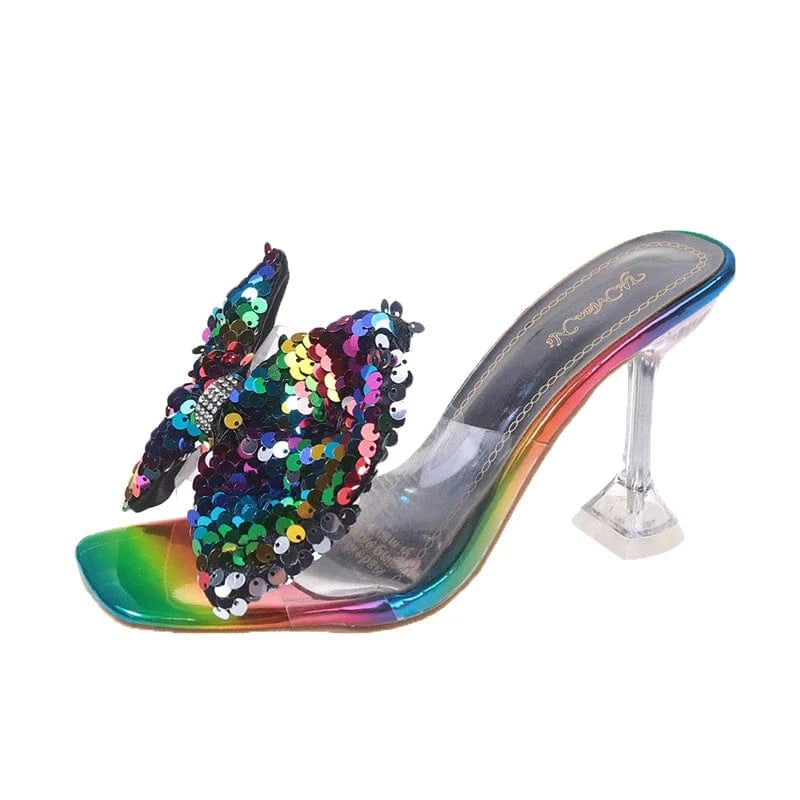 Bowknot Dressy Heels Sandals Butterfly Floral Flower Square Toe Trendy Colorful Summer Sandals Heels for Women Summer