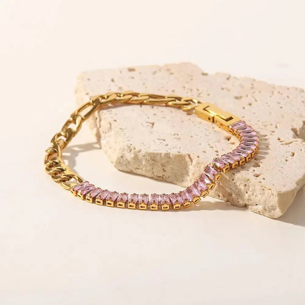 BR1030 / 19cm / BR1030 BR1030 Stainless Steel 18K Gold Plated Jewelry Pink Full Cubic Zirconia Figaro Chian Bracelet For Women
