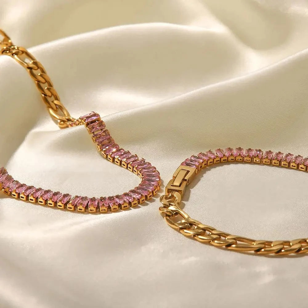 BR1030 / 19cm / BR1030 BR1030 Stainless Steel 18K Gold Plated Jewelry Pink Full Cubic Zirconia Figaro Chian Bracelet For Women