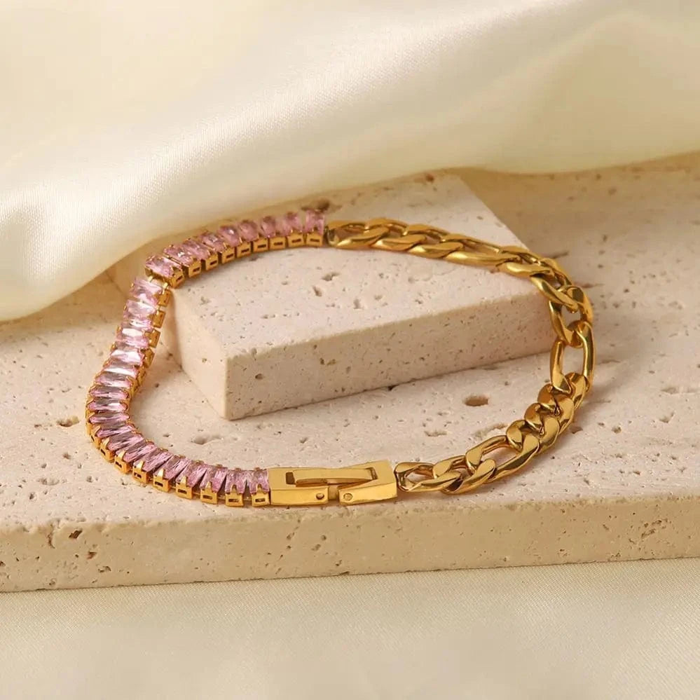 BR1030 / 19cm / BR1030 BR1030 Stainless Steel 18K Gold Plated Jewelry Pink Full Cubic Zirconia Figaro Chian Bracelet For Women