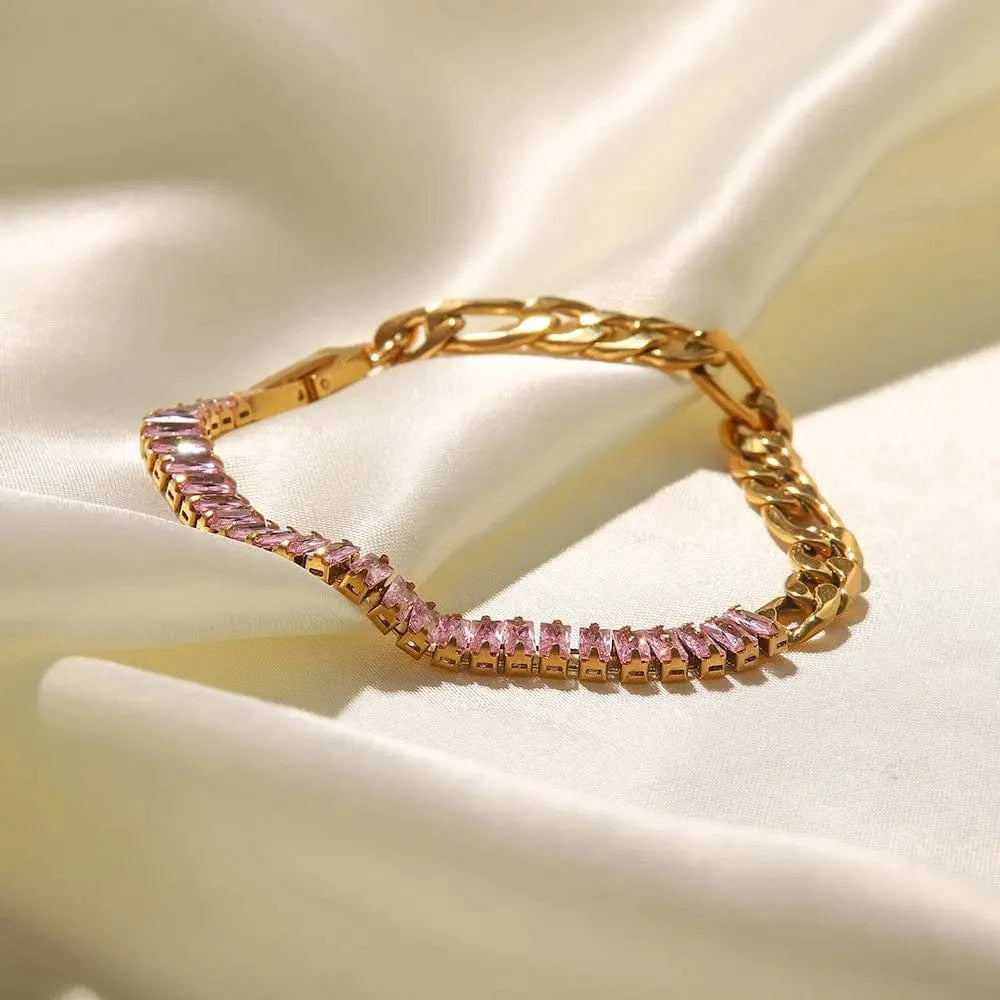 BR1030 / 19cm / BR1030 BR1030 Stainless Steel 18K Gold Plated Jewelry Pink Full Cubic Zirconia Figaro Chian Bracelet For Women
