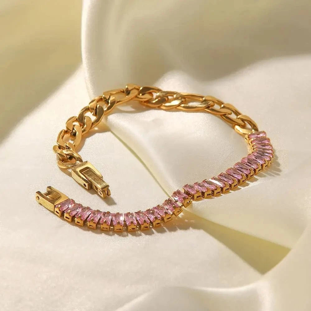 BR1030 / 19cm / BR1030 BR1030 Stainless Steel 18K Gold Plated Jewelry Pink Full Cubic Zirconia Figaro Chian Bracelet For Women