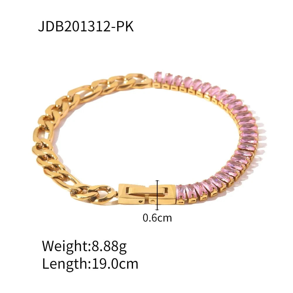 BR1030 / 19cm / BR1030 BR1030 Stainless Steel 18K Gold Plated Jewelry Pink Full Cubic Zirconia Figaro Chian Bracelet For Women