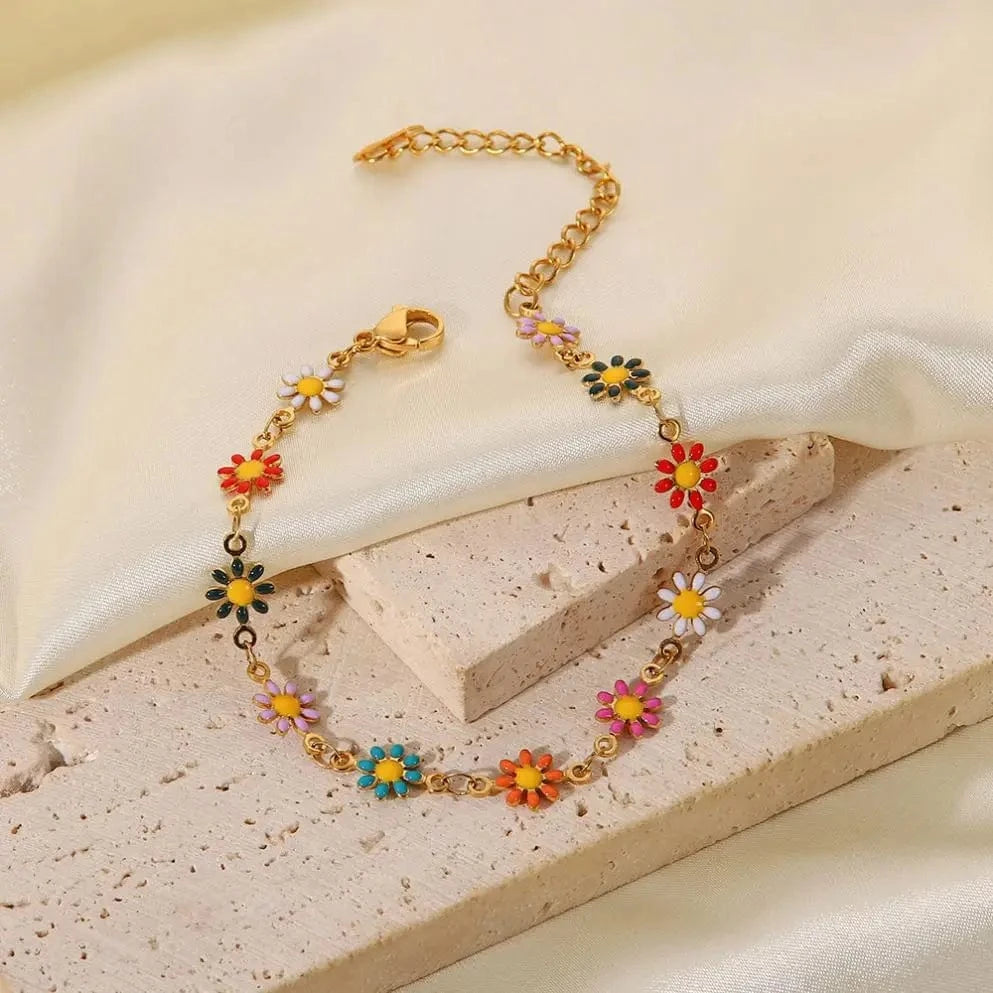 BR1037 / 17cm / BR1037 BR1037 18k Gold Plated Stainless Steel Bracelets For Women Colorful Daisy Chain Bracelet For Women