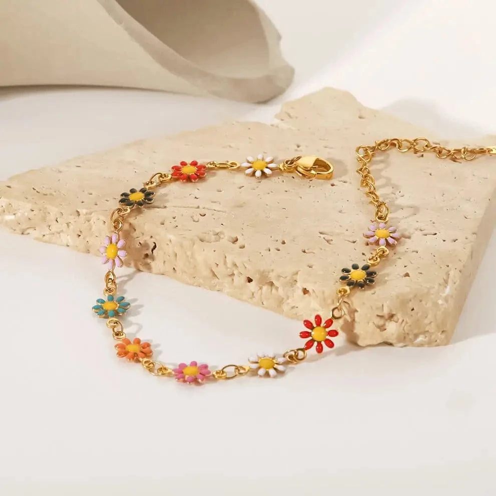 BR1037 / 17cm / BR1037 BR1037 18k Gold Plated Stainless Steel Bracelets For Women Colorful Daisy Chain Bracelet For Women