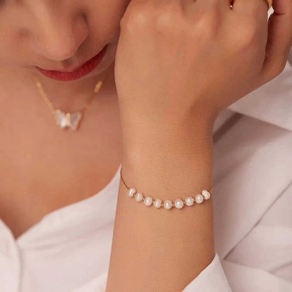 BR1050 / Picture / BR1050 BR1050 Freshwater Pearl Stainless Steel Bracelet Women Gift Dainty PVD 18k Gold Chain Bracelet