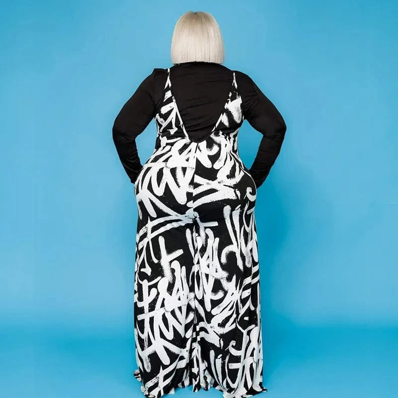 BR1488 XL to 5XL Strap Irregular Graffiti Plus Size wide bodysuits 1 piece jumpsuit women