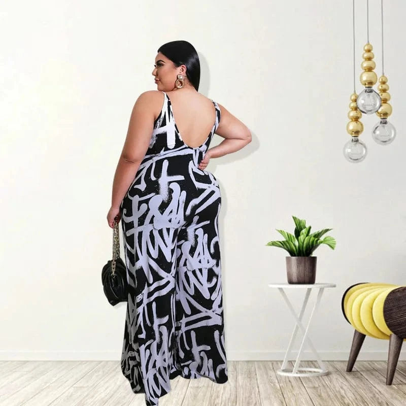 BR1488 XL to 5XL Strap Irregular Graffiti Plus Size wide bodysuits 1 piece jumpsuit women