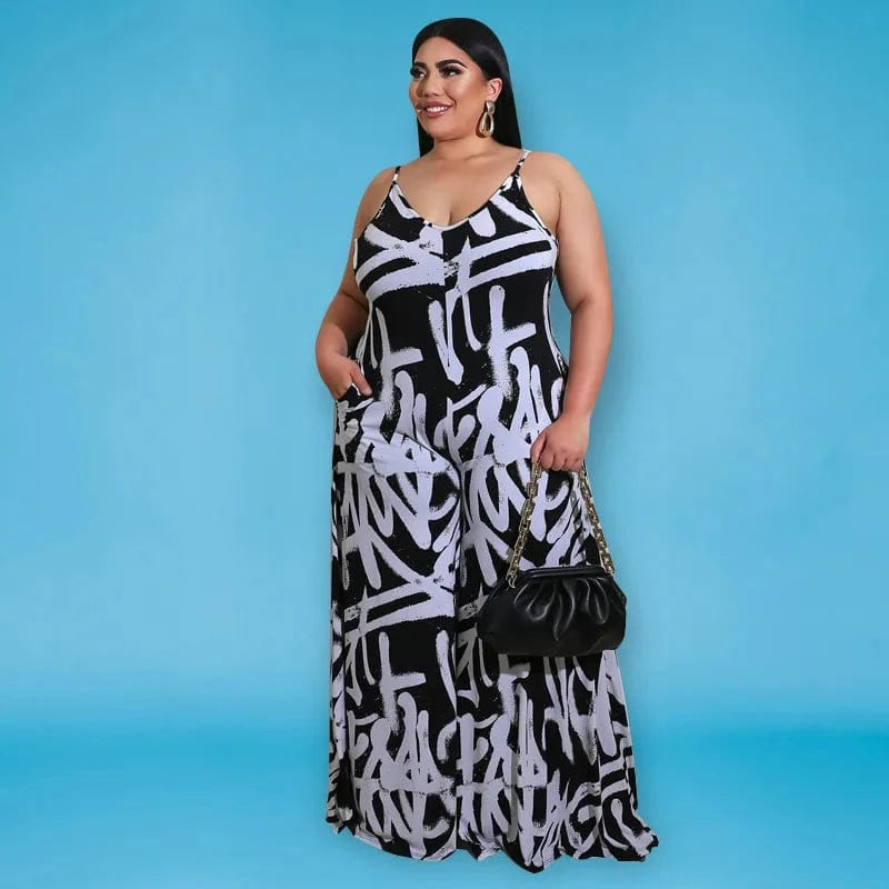 BR1488 XL to 5XL Strap Irregular Graffiti Plus Size wide bodysuits 1 piece jumpsuit women