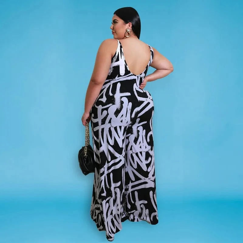 BR1488 XL to 5XL Strap Irregular Graffiti Plus Size wide bodysuits 1 piece jumpsuit women