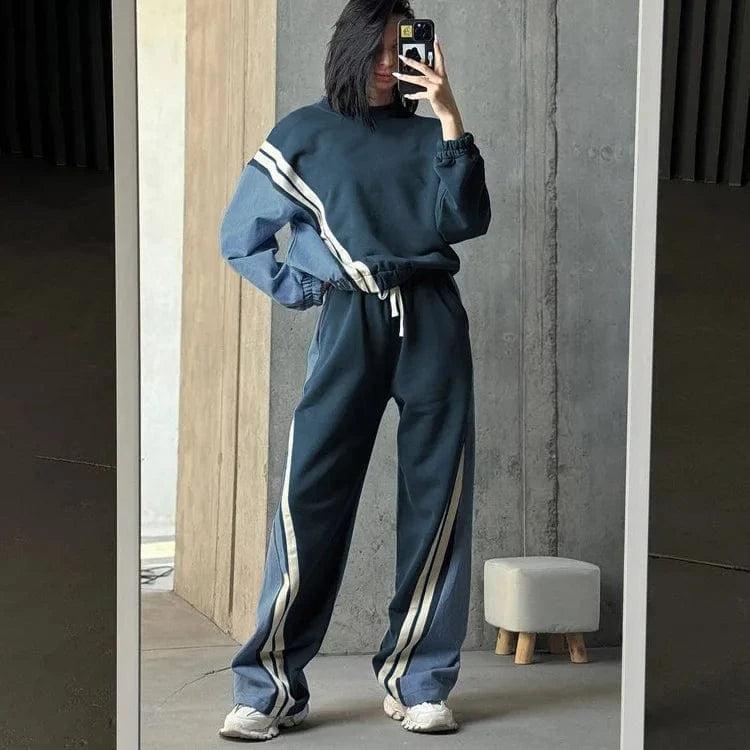 BR4837 Casual Style Sports Two-Piece Set Solid O-Neck Sweatshirt Pullover Top Drawstring Trousers Striped Contrast Colors
