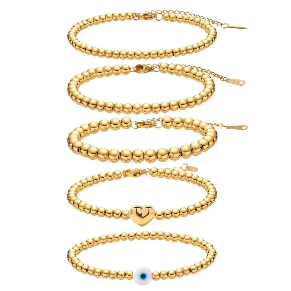 BR991 Minimalist INS 18K Gold Plated Stainless Steel Jewelry Heart Pendant Bead Chain Bracelet for Women