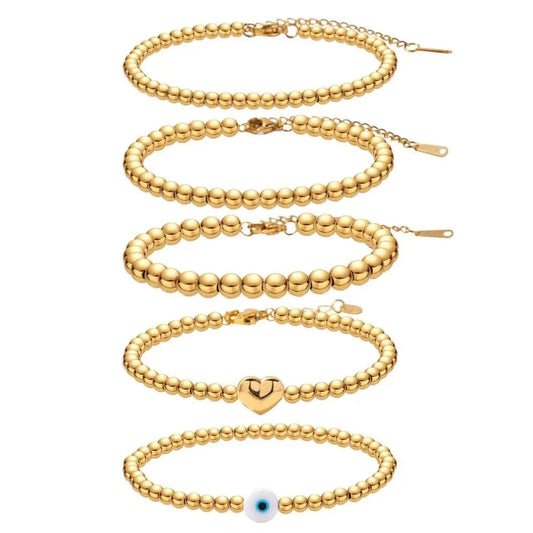 BR991 Minimalist INS 18K Gold Plated Stainless Steel Jewelry Heart Pendant Bead Chain Bracelet for Women