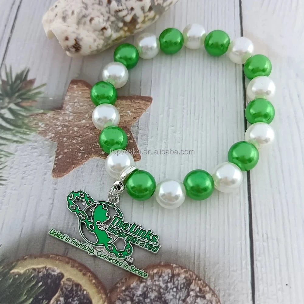 bracelet / 1 Topvesko Wholesale Greek Sorority Bling LINKS Letter Jewelry Elastic White Green Pearls Charms Bracelets