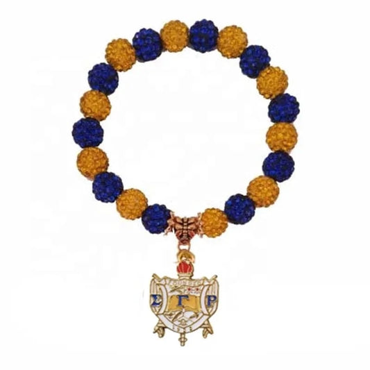 Bracelet / 19CM / shield Gold and Royal Blue Stretch Bead Bracelet Greek Symbol Sigma Gamma Rho Sorority  Shield Charm Costume Bracelets Jewelry