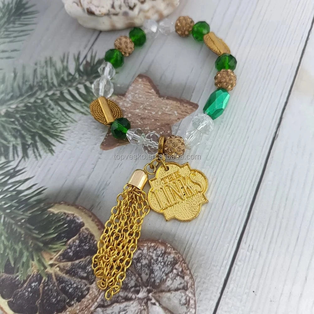 bracelet / adjustbale length / Gold Topvesko New HandMade Greek Sorority Green Beads Chain DIY Links Charm Bracelet Jewelry