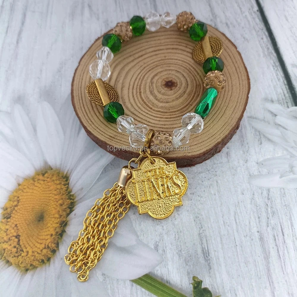 bracelet / adjustbale length / Gold Topvesko New HandMade Greek Sorority Green Beads Chain DIY Links Charm Bracelet Jewelry