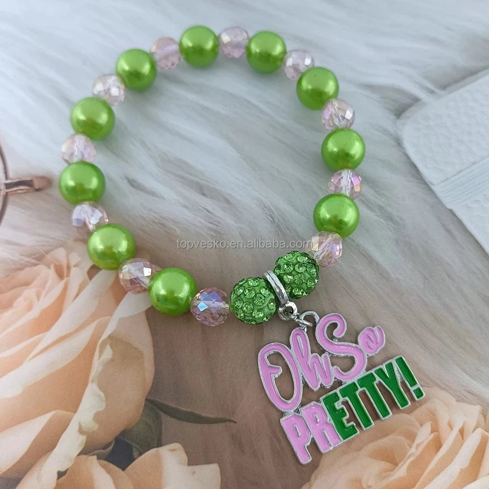 bracelet / Pink Green Greek Sister Sorority Pink Green European America Style Enamel Letter Charm Beaded Bracelet Women Jewelry Gift