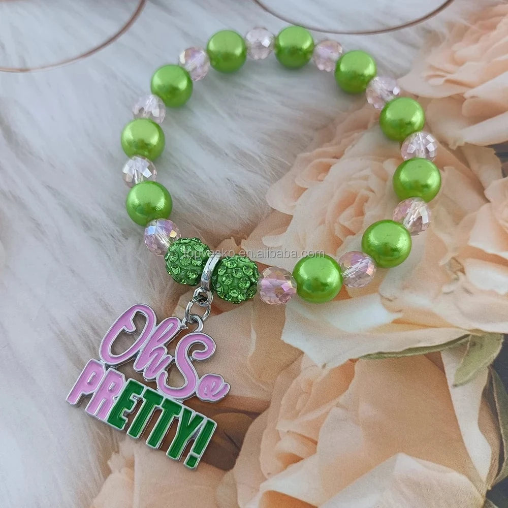 bracelet / Pink Green Greek Sister Sorority Pink Green European America Style Enamel Letter Charm Beaded Bracelet Women Jewelry Gift