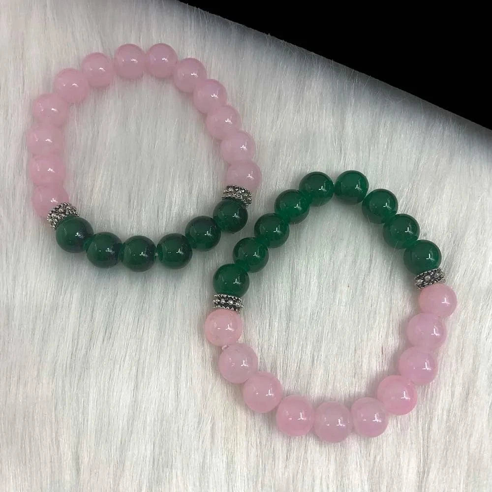 Bracelet / pink green Handmade High Quality 2pcs Heavy Beads Greek Symbol Sorority Elastic Pink & Green Jade Bead Charms Bracelet Jewelry Set