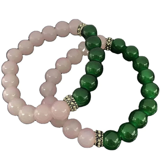 Bracelet / pink green Handmade High Quality 2pcs Heavy Beads Greek Symbol Sorority Elastic Pink & Green Jade Bead Charms Bracelet Jewelry Set