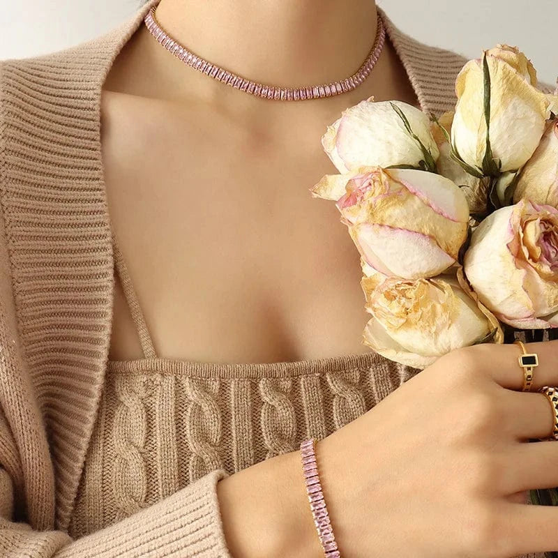 Bracelet pink IVIAPRO Jewelry New Arrival Luxury Non Tarnish & Waterproof Shiny Baguette Stainless Steel 18K Gold Plated Statement Necklace
