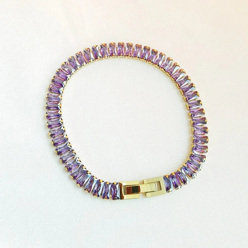 Bracelet purple IVIAPRO Jewelry New Arrival Luxury Non Tarnish & Waterproof Shiny Baguette Stainless Steel 18K Gold Plated Statement Necklace