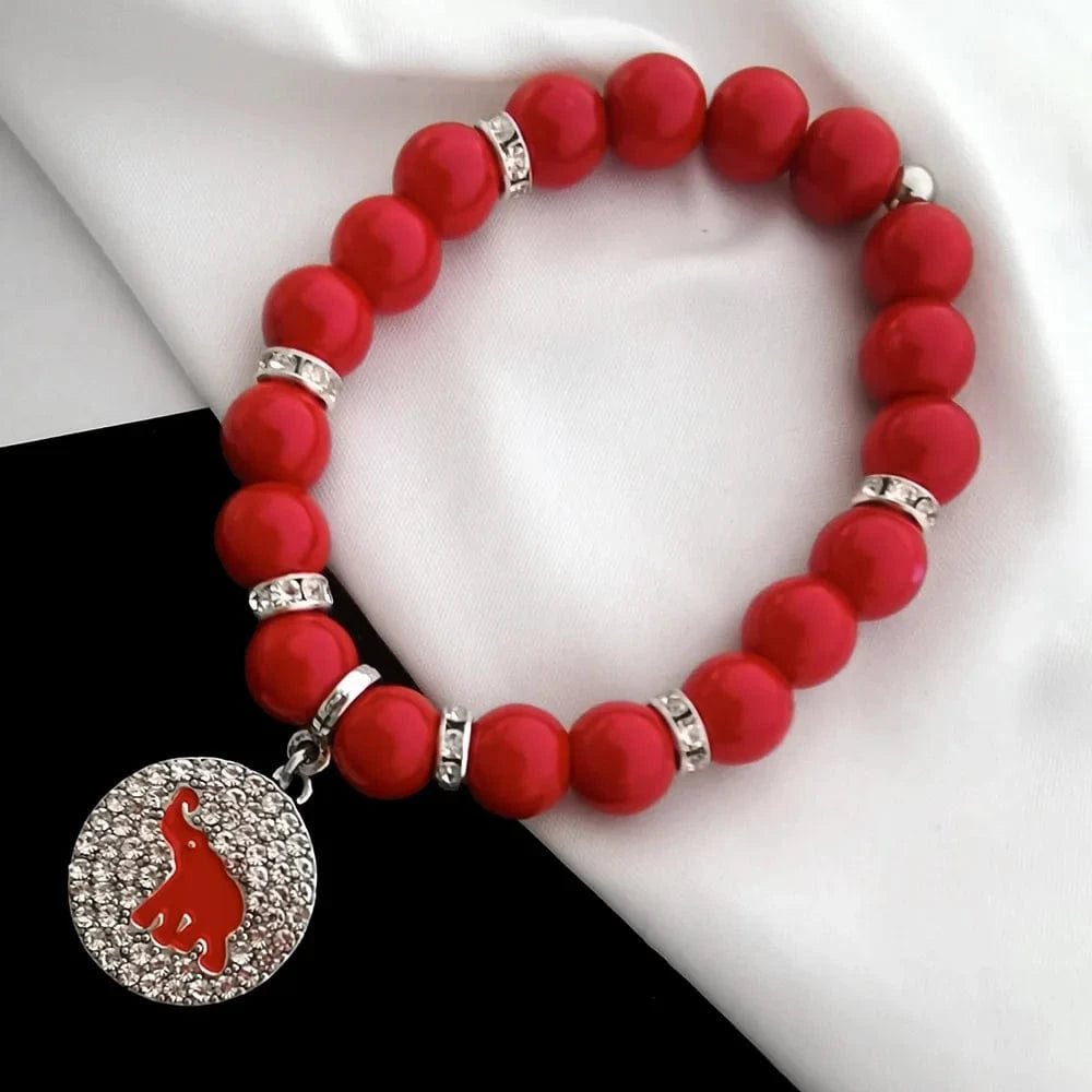 Bracelet / Round Greek Sorority Red elephant Pendant Elastic Rhinestone Beaded Bracelet