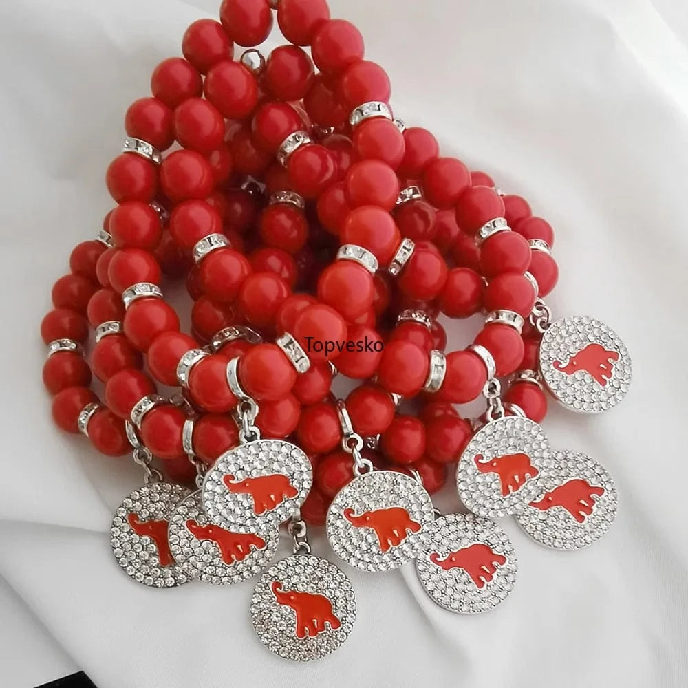 Bracelet / Round Greek Sorority Red elephant Pendant Elastic Rhinestone Beaded Bracelet