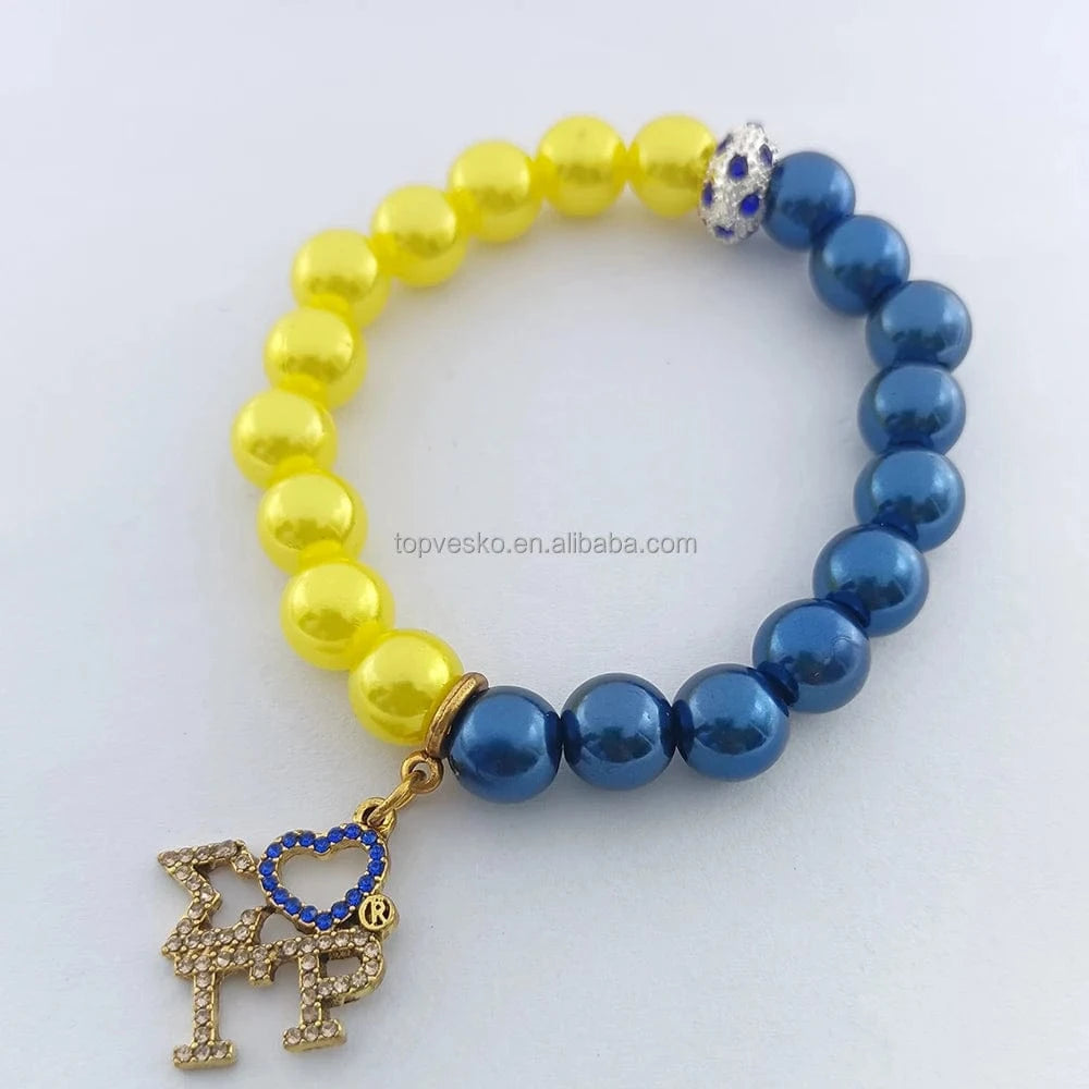 bracelet / Yellow Blue Handmade Popular Greek Letter Sorority SIGMA GAMMA RHO Symbol Charm Yellow Blue Pearl Bracelet Jewelry