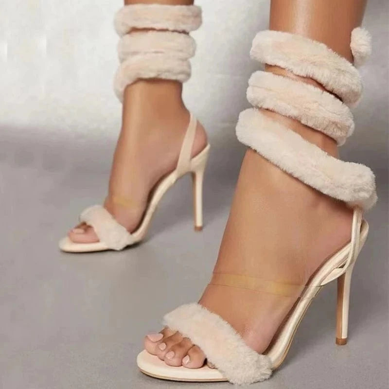 Brand Fashion New Pointed Toe Feather High Heels Sandals Plush Lace-Up Sexy Stiletto Nightclub Women Open Toe Shoes Design