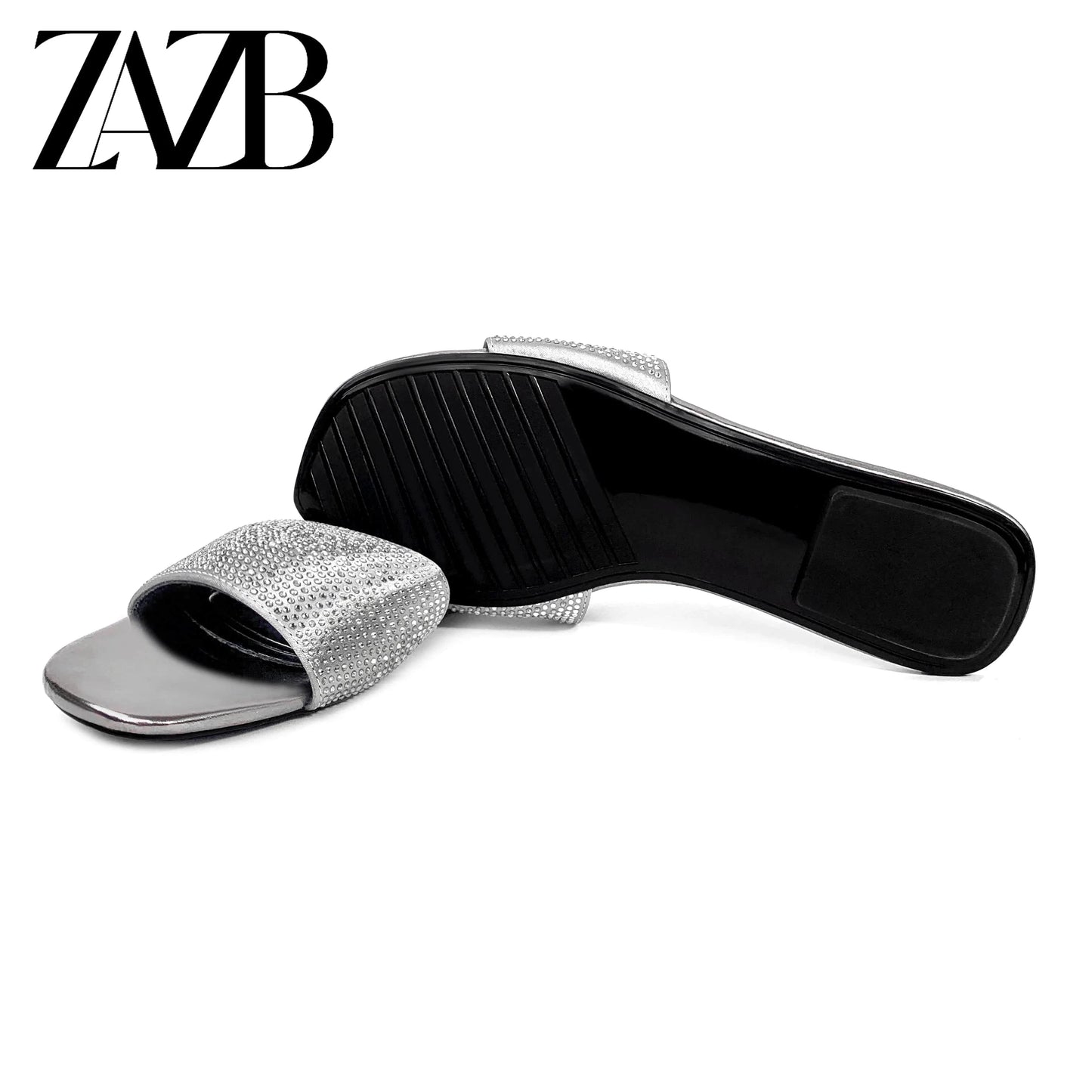 Brand new design summer shining diamond women flat slippers open toe square head hollow ladies sandals
