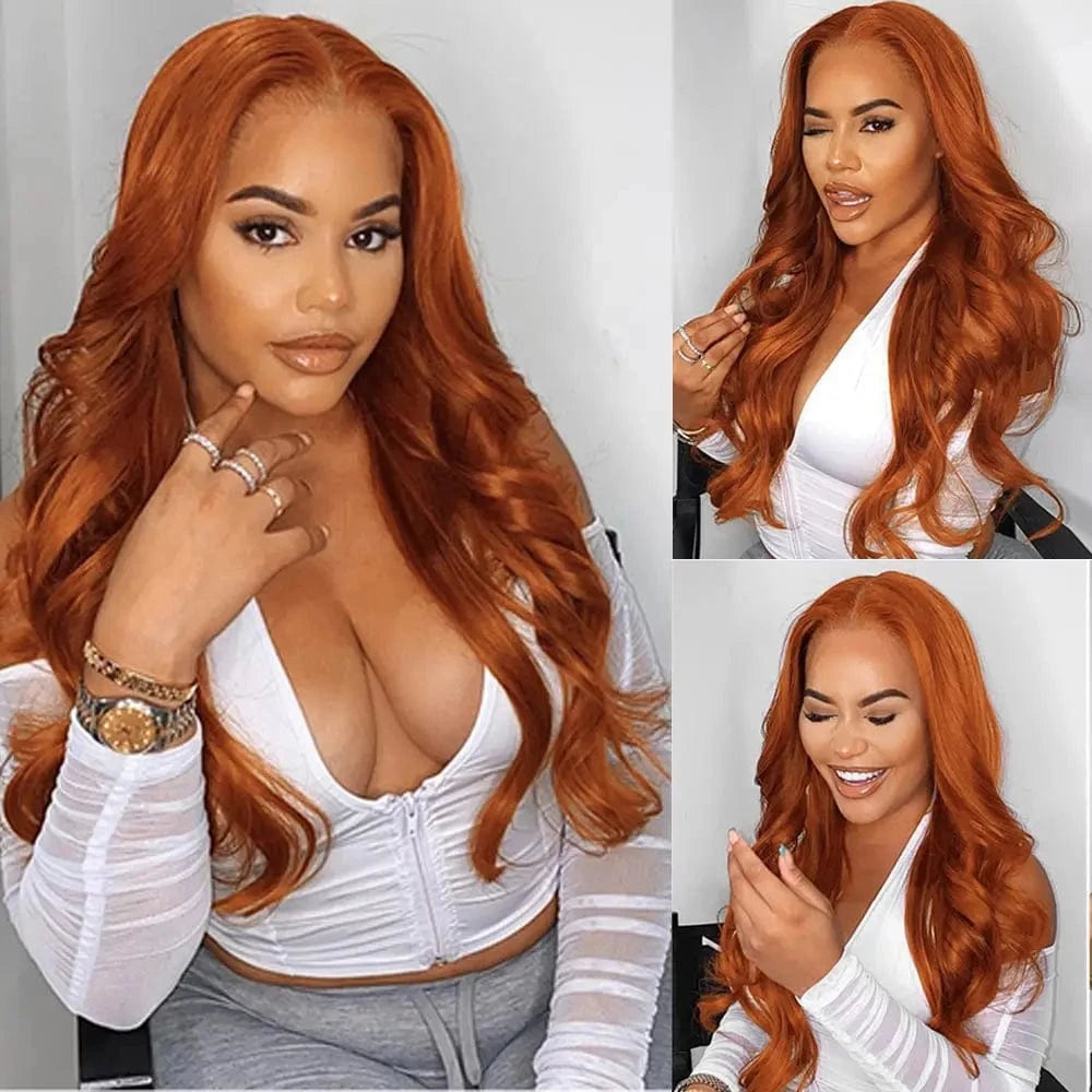 Brazilian Raw Virgin Hair Body Wave Lace Front Wig Pre Plucked Ginger Orange Color HD Lace Human Hair Wigs with Baby Hair