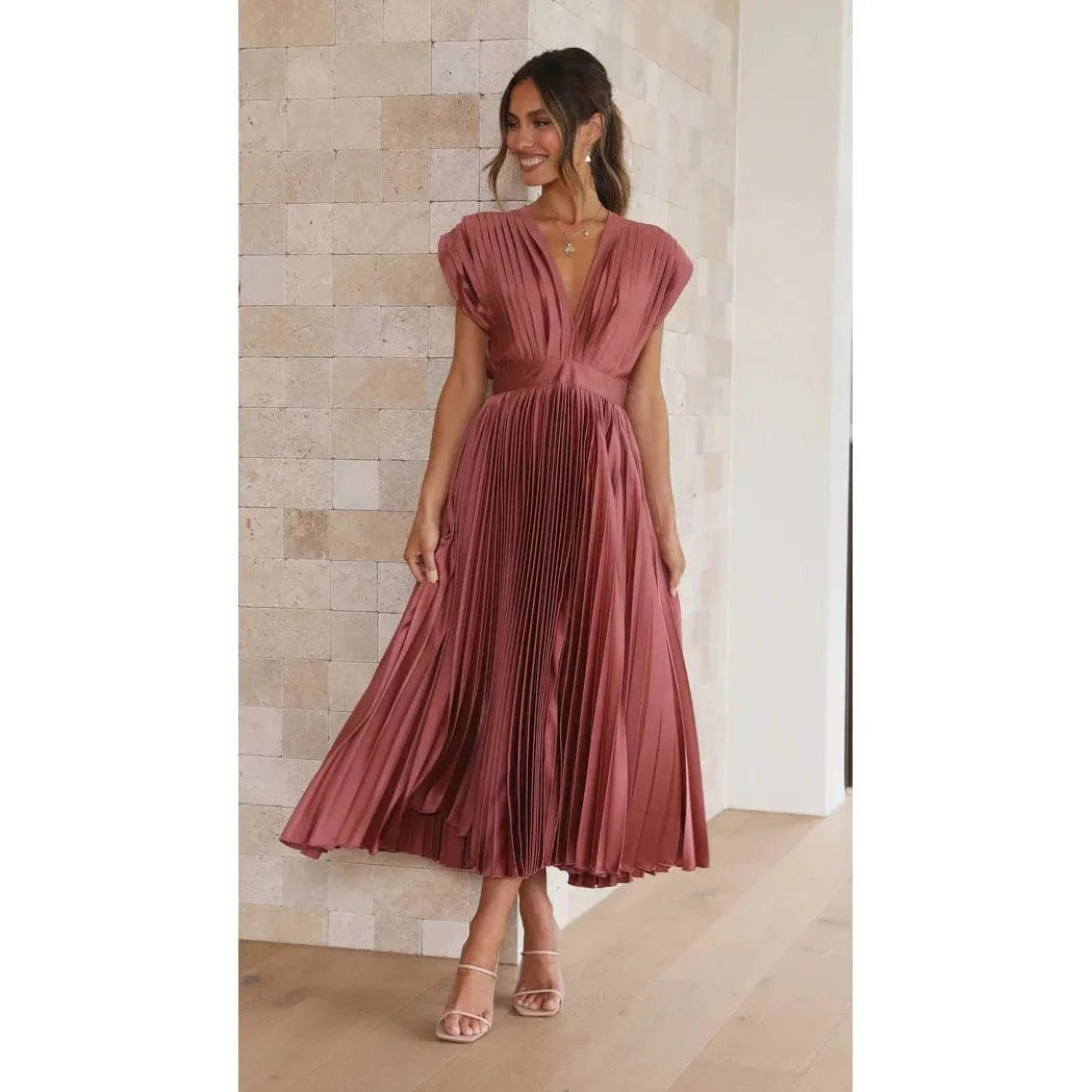 Brick red / XL Elegance Draped V-Neck Pleated Skirt Dress 2025 Women Solid Strapless Backless Patchwork Loungewear Simple Maxi Dress