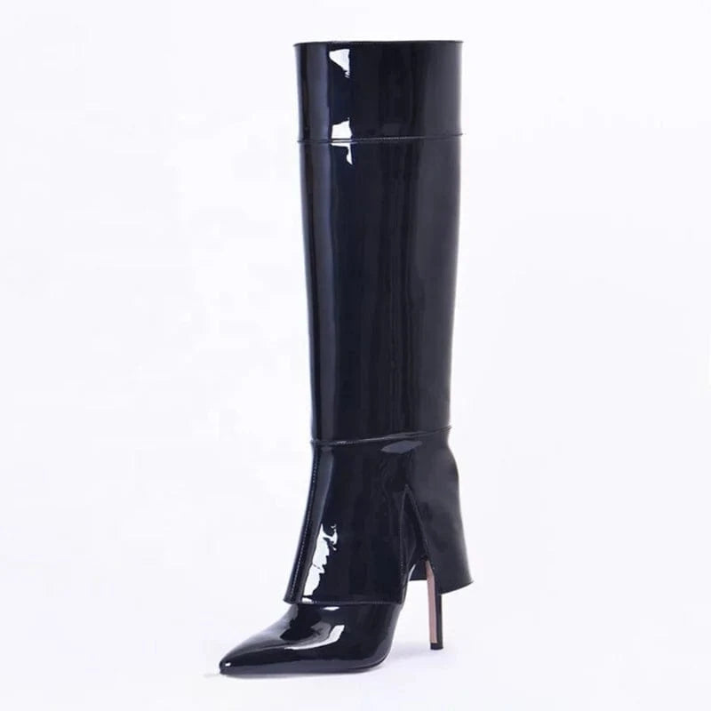 Bright Patent Stiletto Style High Slim Heels Shoes Women Pointed Toe 2 Wear ways Booty Removable Upper Knee High Boots