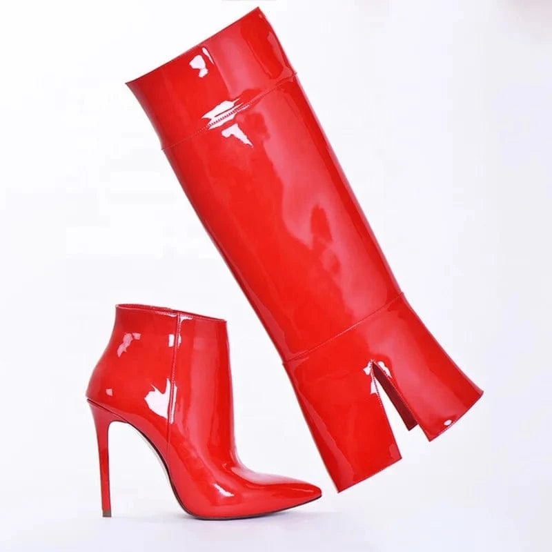 Bright Patent Stiletto Style High Slim Heels Shoes Women Pointed Toe 2 Wear ways Booty Removable Upper Knee High Boots