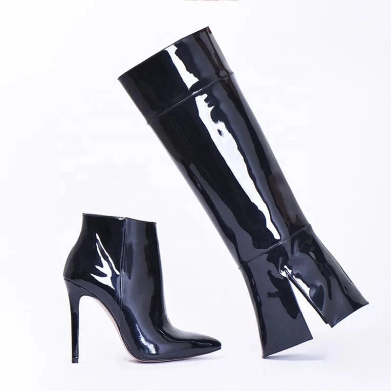 Bright Patent Stiletto Style High Slim Heels Shoes Women Pointed Toe 2 Wear ways Booty Removable Upper Knee High Boots