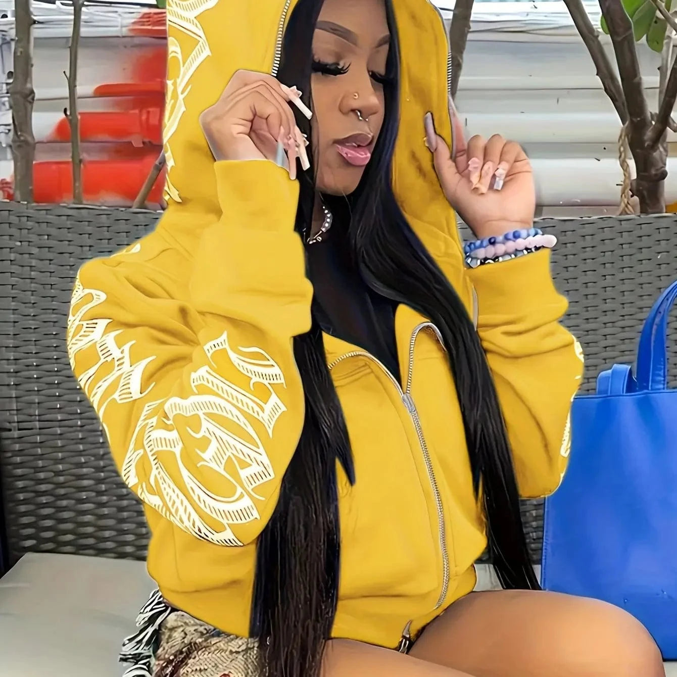Bright Yellow / XS Letter Print Long Sleeve Zip Up Hoodies, Cyber Y2K Gothic Punk Sweatshirt, Women's Clothing