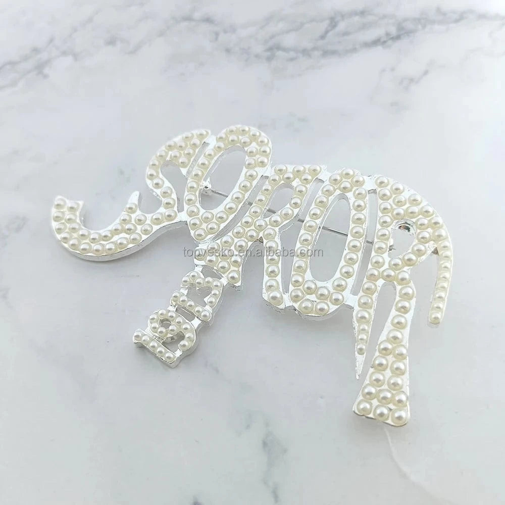 Brooch / 01 / Silver Plated Greek Letter SOROR Elephant Full White Pearls 925 Silver Brooch Lapel Pin Women Fashion Jewelry Gift