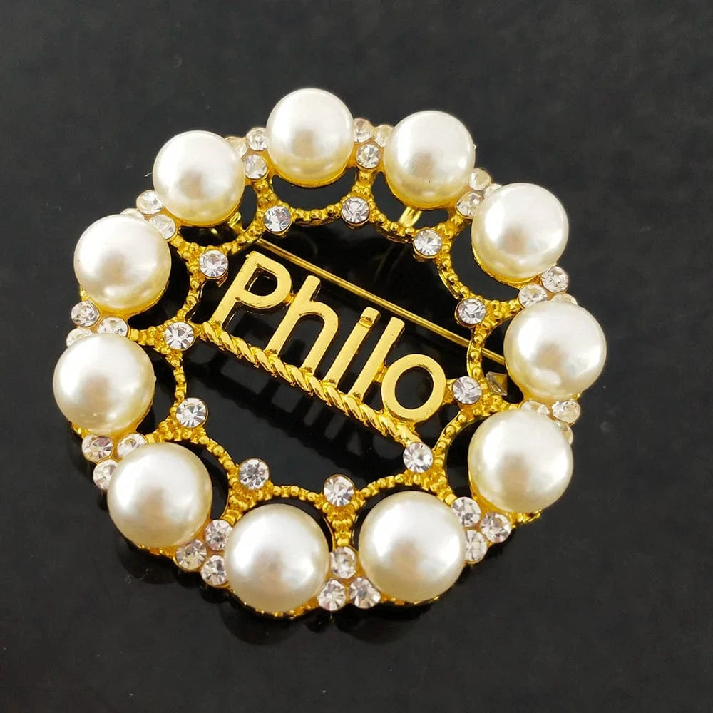 brooch pin / Gold / as picture show Circular Sigma Gamma Rho Big Fraternity Sorority Graduation Gift Greek Rhinestone Pearl Letter Gold PHILO Brooch Pin