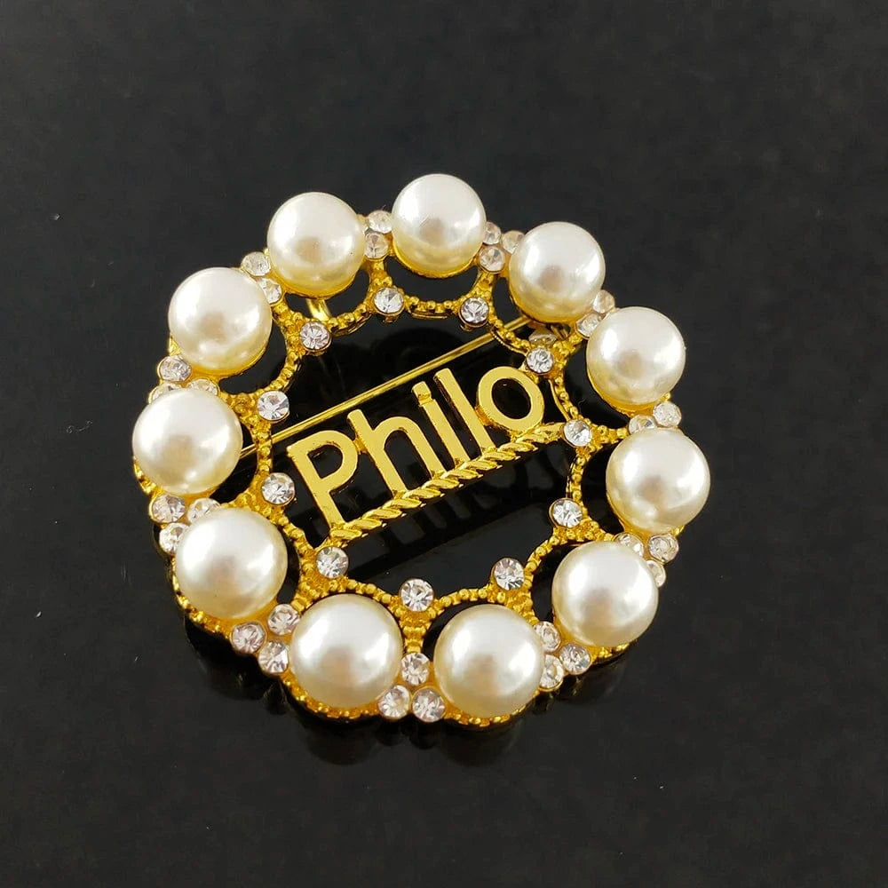 brooch pin / Gold / as picture show Circular Sigma Gamma Rho Big Fraternity Sorority Graduation Gift Greek Rhinestone Pearl Letter Gold PHILO Brooch Pin
