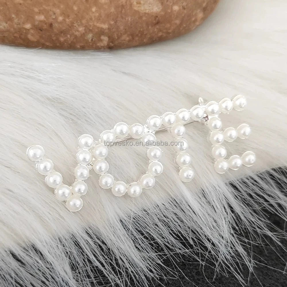 brooch / White / as picture show Topvesko Europe and America VOTE Brooch Women Rhinestone Pearl Lapel Pin Greek Sorority Jewelry